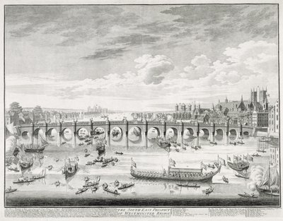 Il prospetto sud-est del ponte di Westminster - Barche che arrivano al Parlamento per il giuramento di Sir John Barnard come sindaco della città di Londra, 1747 da Giovanni Antonio Canal